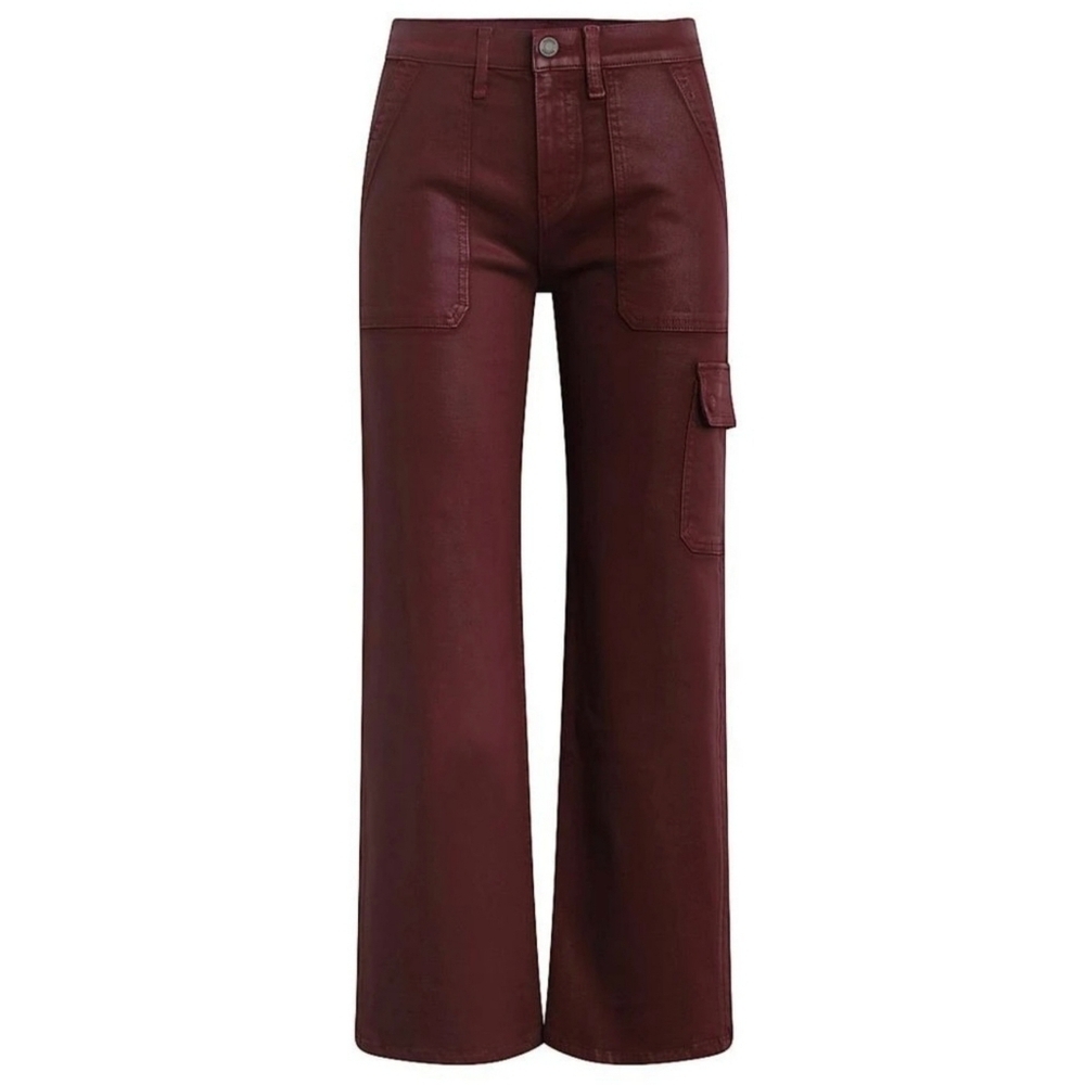 Hudson Rosie Cargo High-Rise Wide-Leg Jeans in Coated Bordeaux